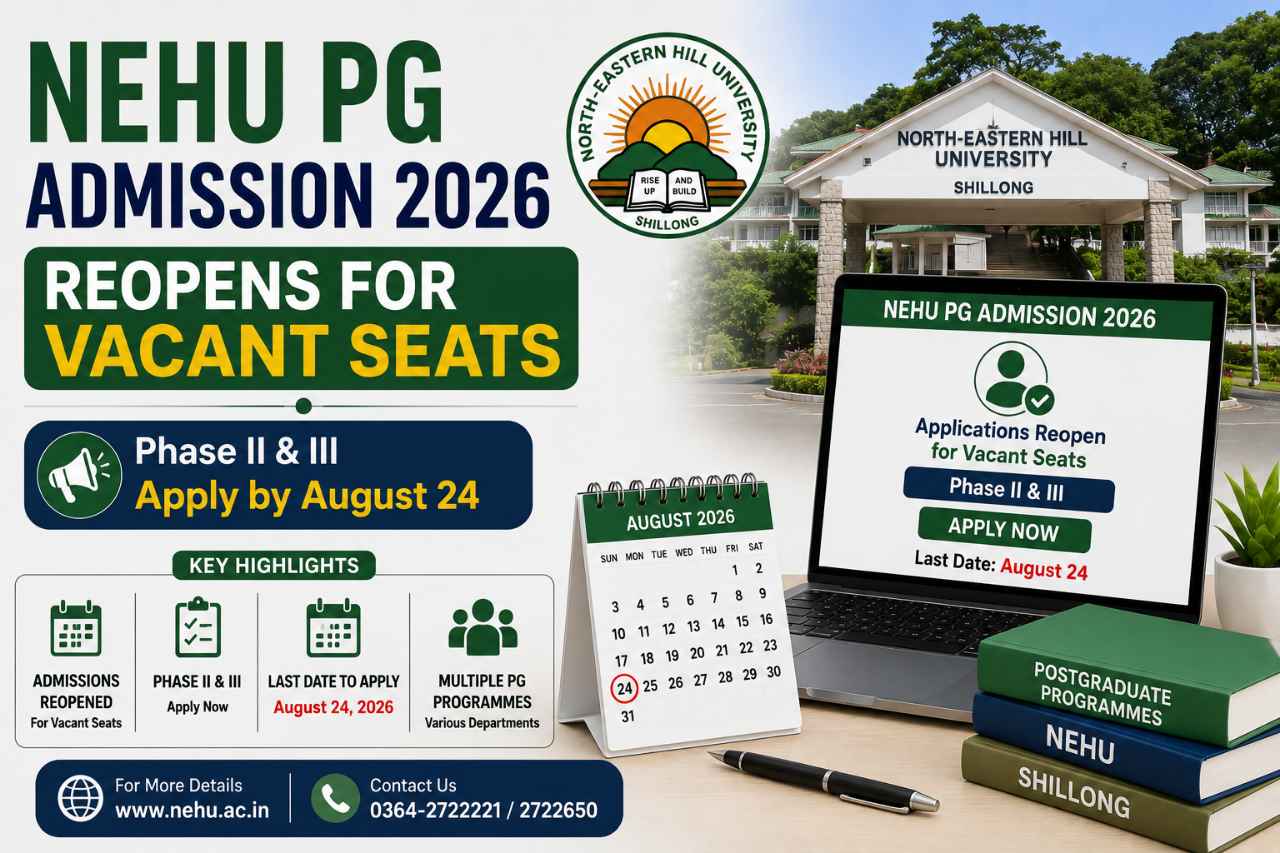 NEHU PG Admission 2026 Reopens for Vacant Seats: Phase II & III Apply by August 24