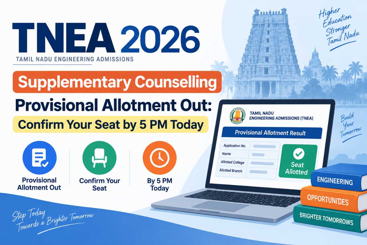 TNEA 2026 Supplementary Counselling Provisional Allotment Out: Confirm Your Seat by 5 PM Today