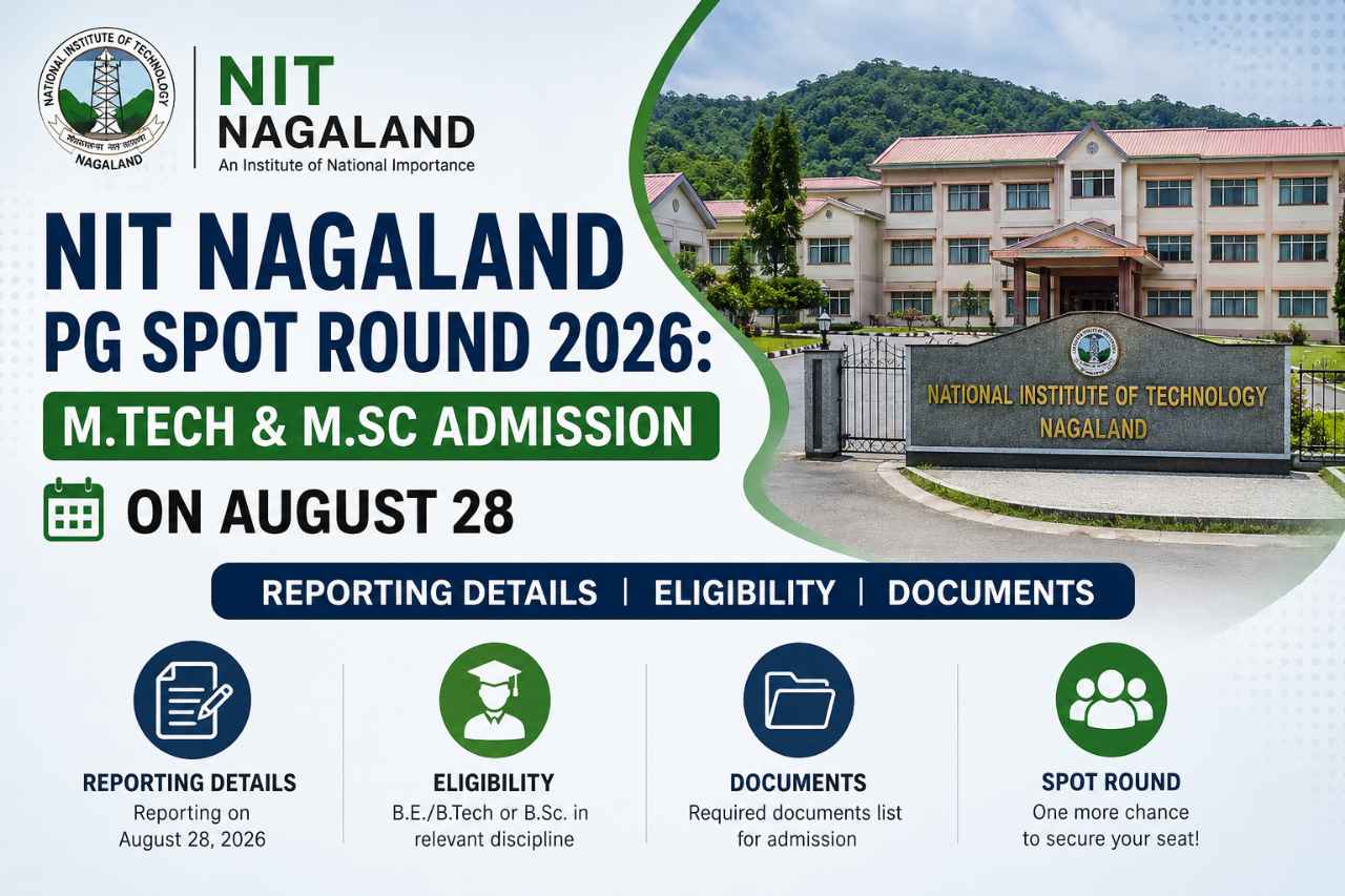 NIT Nagaland PG Spot Round 2026: M.Tech & M.Sc Admission on August 28 – Reporting Details, Eligibility & Documents