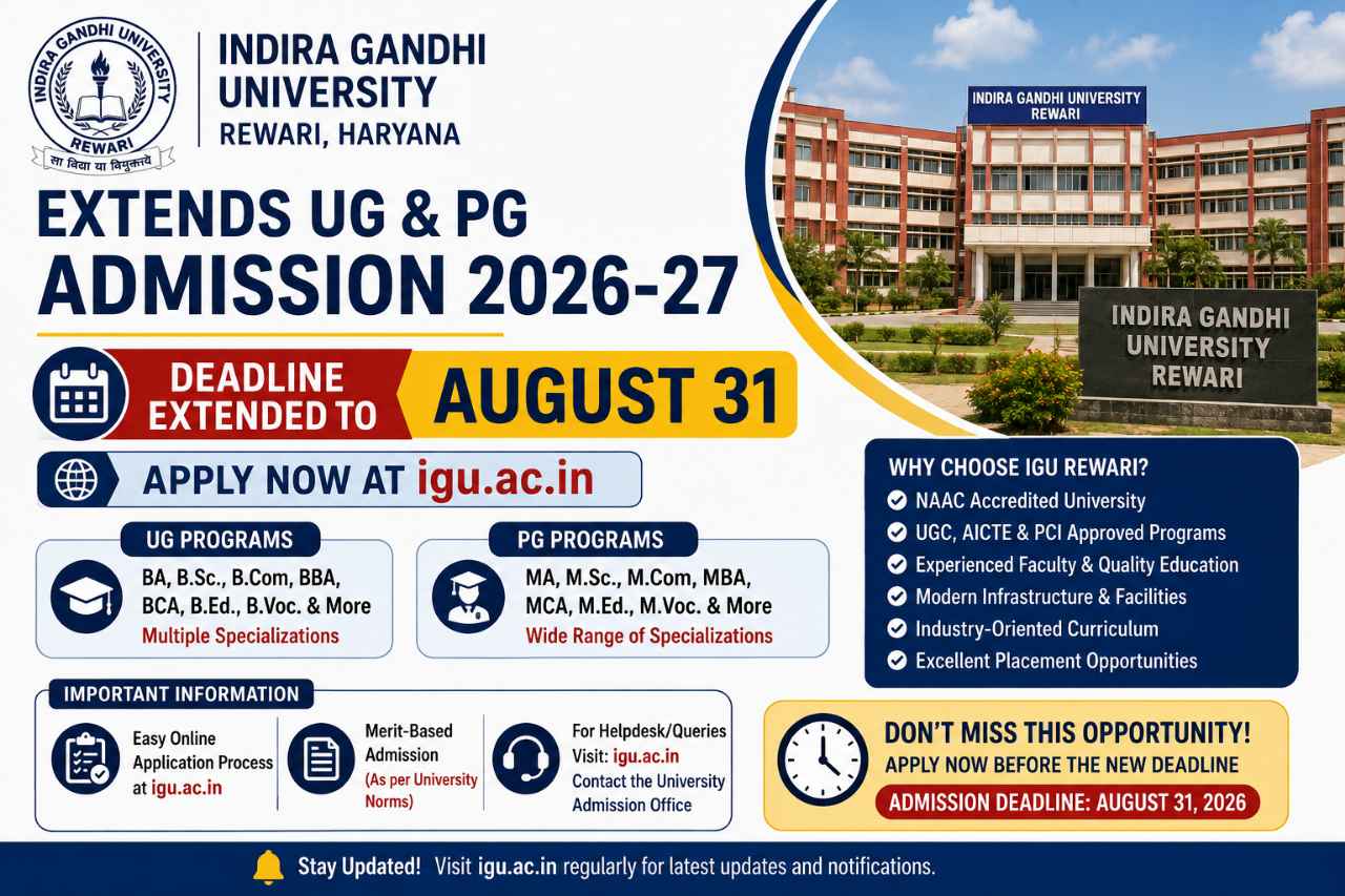 IGU Rewari Extends UG and PG Admission 2026-27 Deadline to August 31: Apply at igu.ac.in